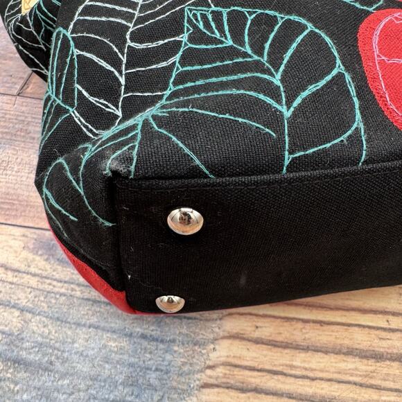 Floral Stitched Black Canvas Tote Handbag Talbots Zip Double Handle - Picture 9 of 12